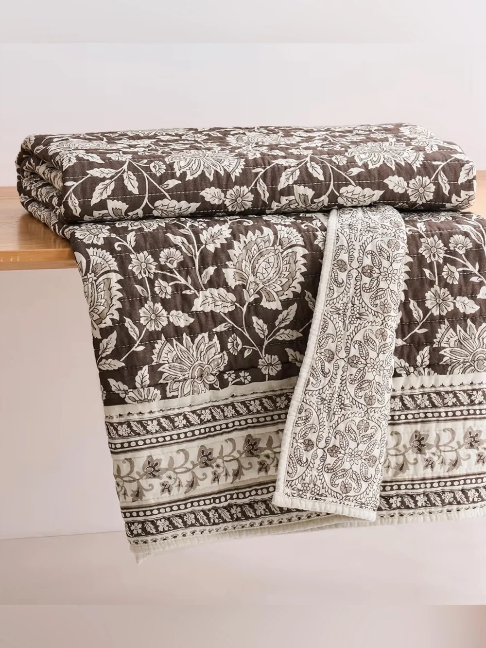 Levtex Home Adare Cocoa Quilted Throw 50x60 Reversible Floral Cotton NWT